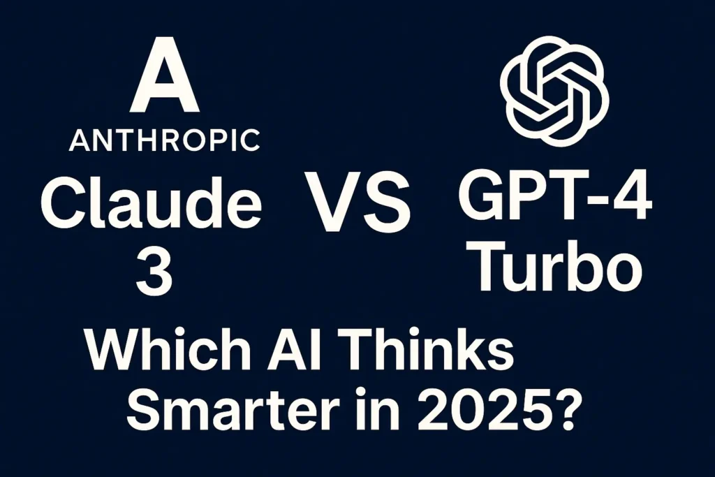 Alt Text: Claude 3 and GPT-4 Turbo logos with AI showdown title and dark blue tech background