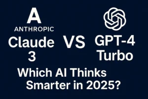 Alt Text: Claude 3 and GPT-4 Turbo logos with AI showdown title and dark blue tech background