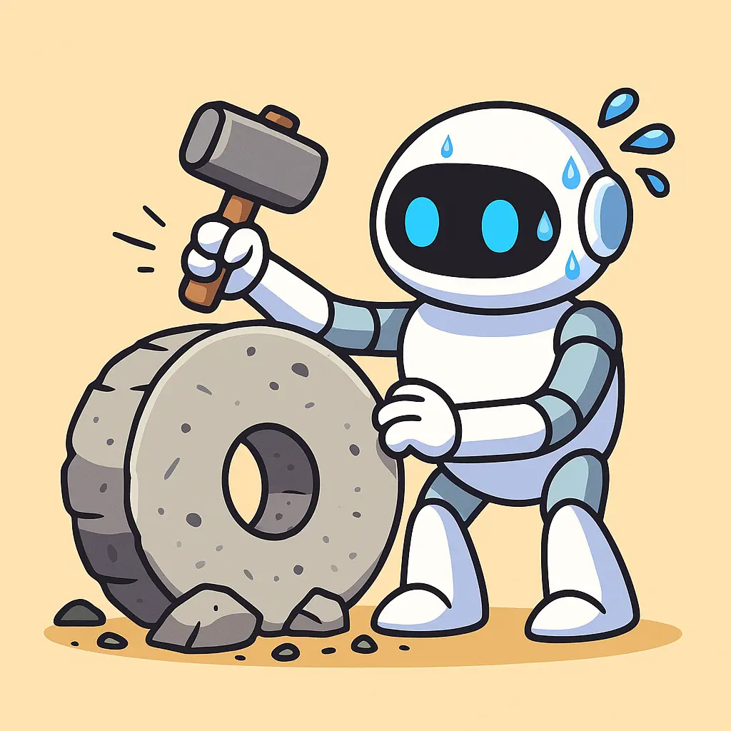 Cartoon robot sweating while building a stone wheel with a hammer