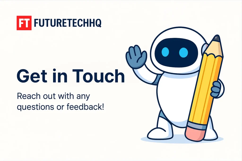 Illustration of a tech support agent surrounded by gadgets and message bubbles, representing contact and communication with FutureTechHQ