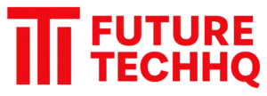 Bold red FutureTechHQ logo with stylized double “T” symbol and tech-focused brand text