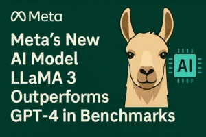 Illustration of Meta’s LLaMA 3 logo beside text highlighting its benchmark comparison with GPT-4